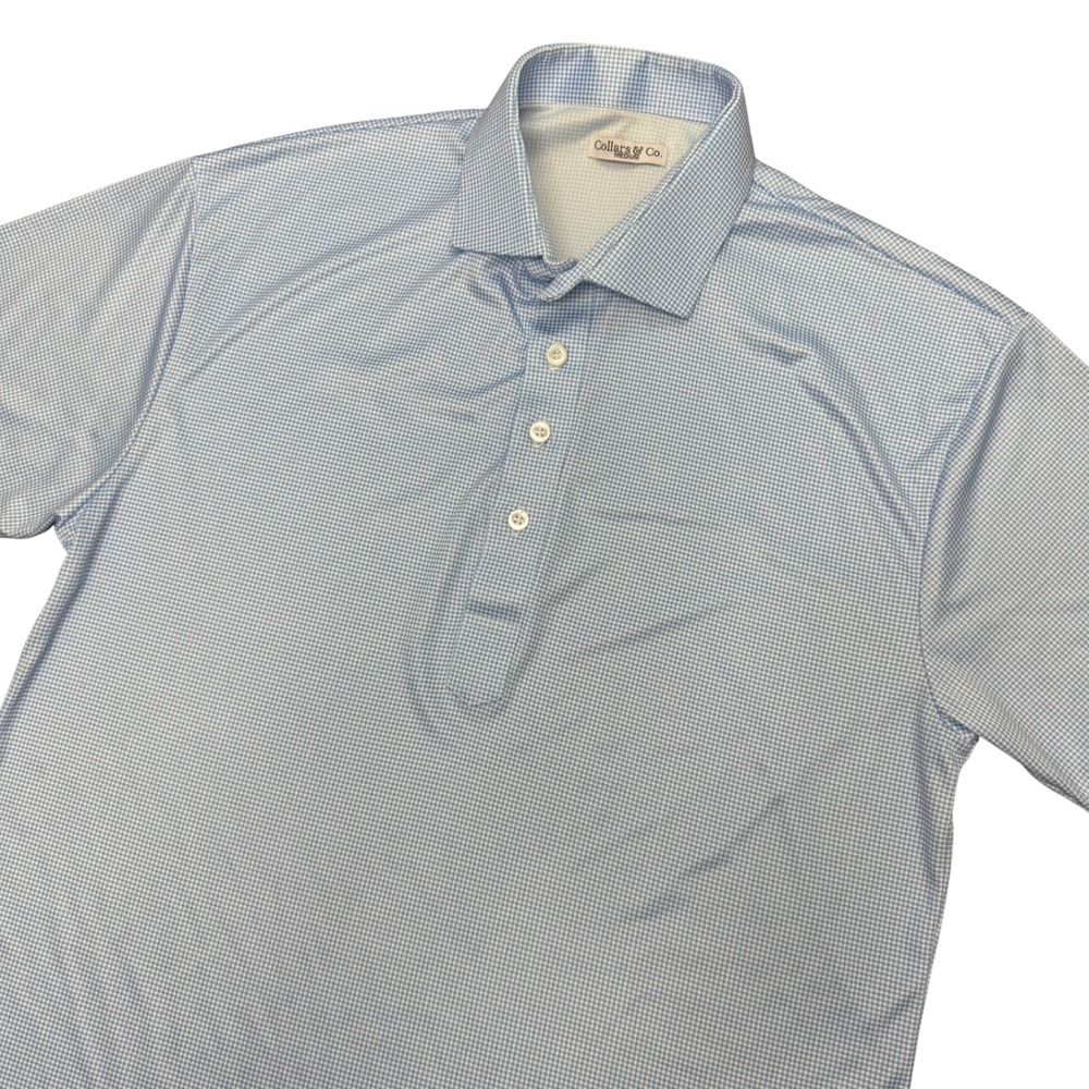 Collars & Co Polo Shirt Mens Medium Blue Houndstooth Dress Collar Short Sleeve